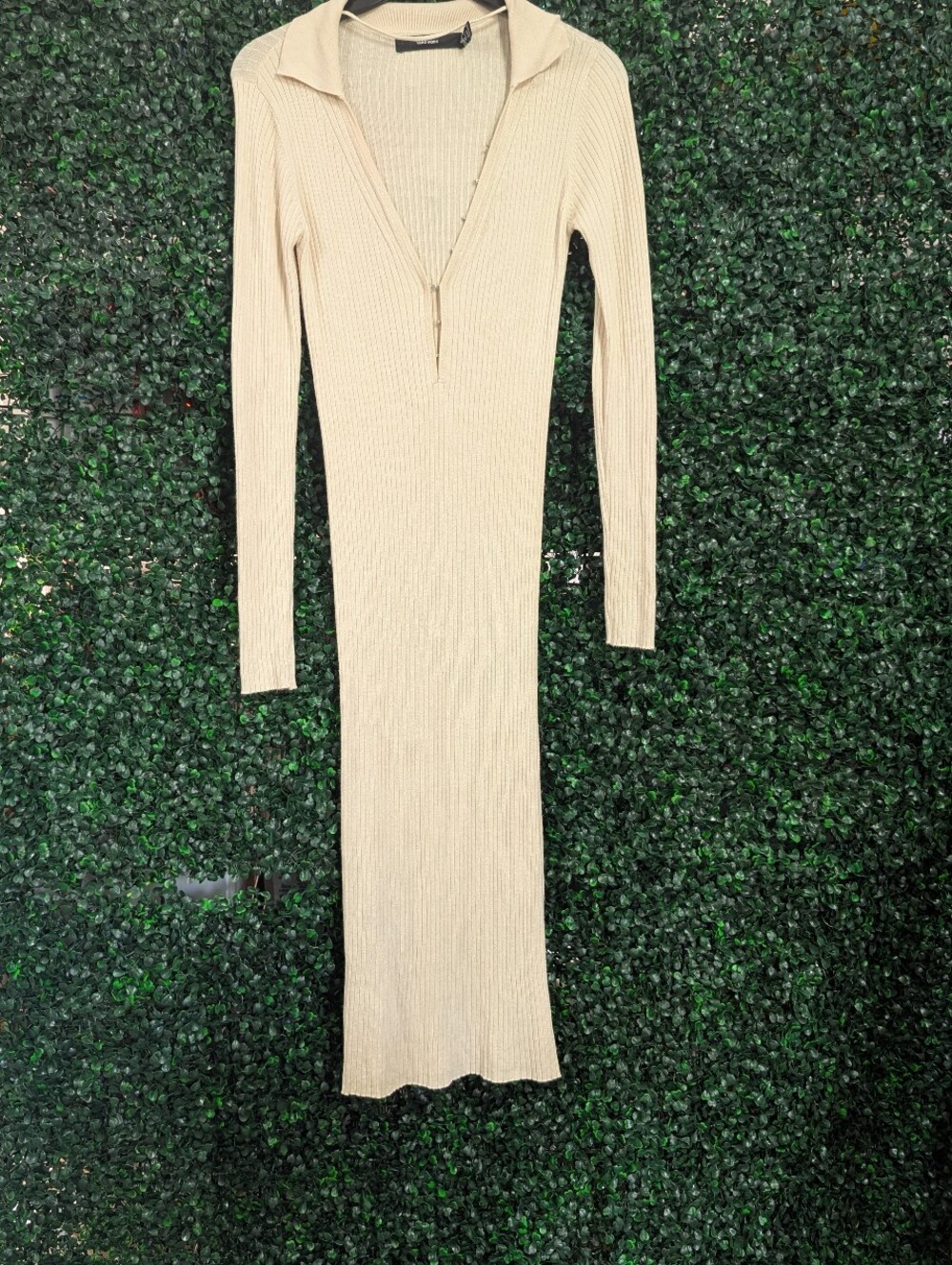 Vero Moda Beige Ribbed Long‑Sleeve Collared Midi Dress
